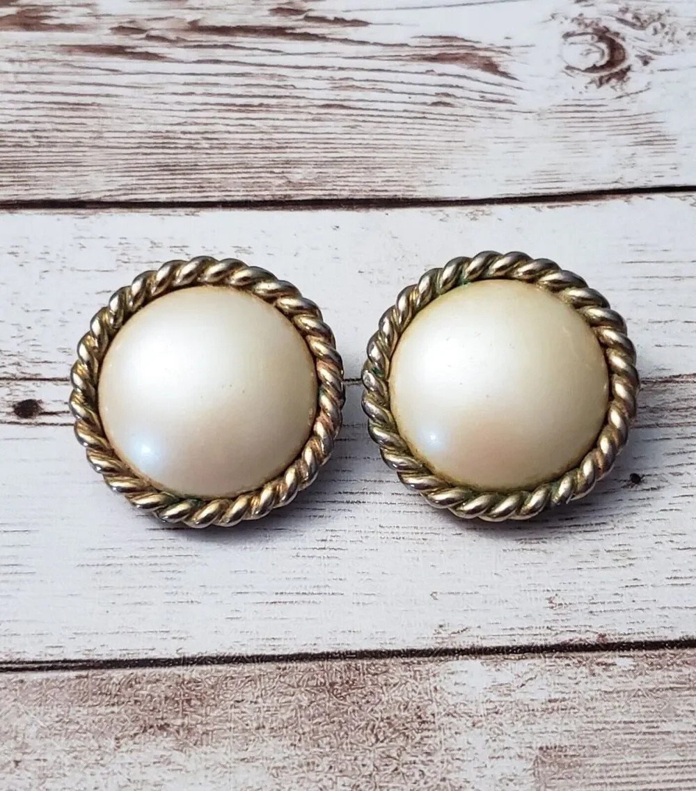 Vintage Clip On Earrings - Golden Cream Tone with Gold Tone Halo Large 1 & 1/8